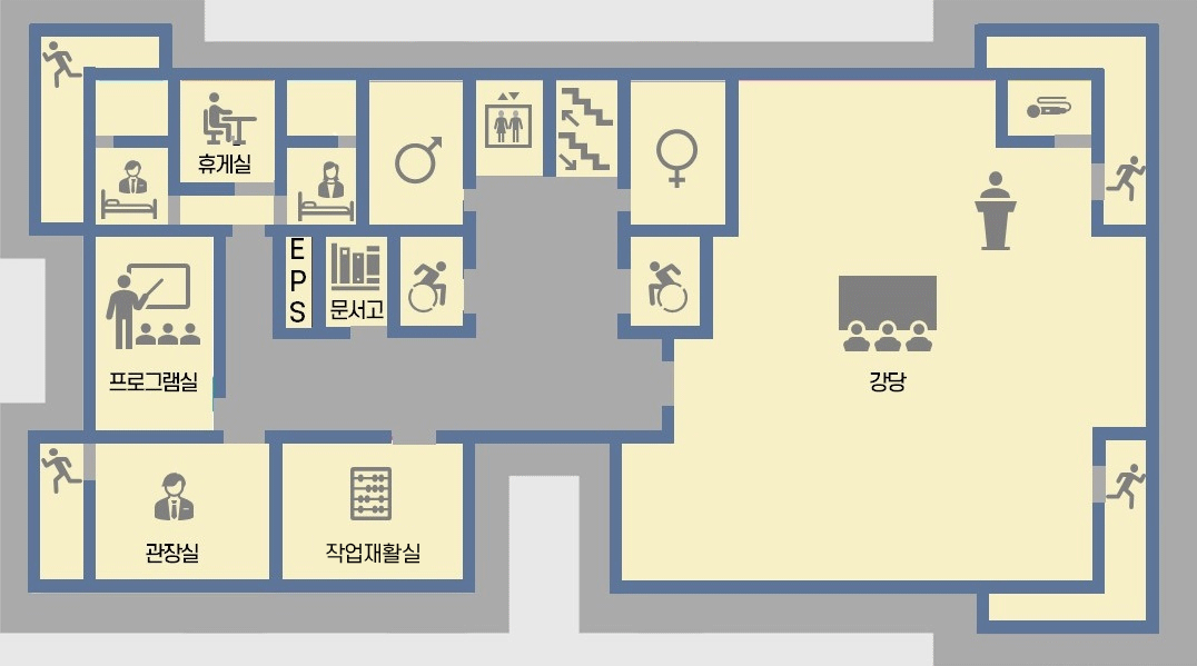 2층 시설배치도: 강당, 프로그램실, 작업재활실, 관장실, 휴게실, 남/여 화장실, 엘리베이터, 문서고, EPS실