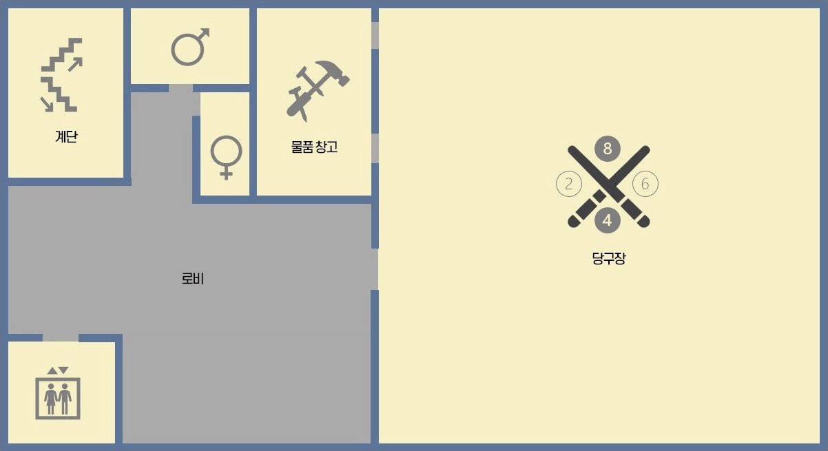 2층 시설배치도: 남/여 화장실, 당구장, 물품창고, 엘리베이터